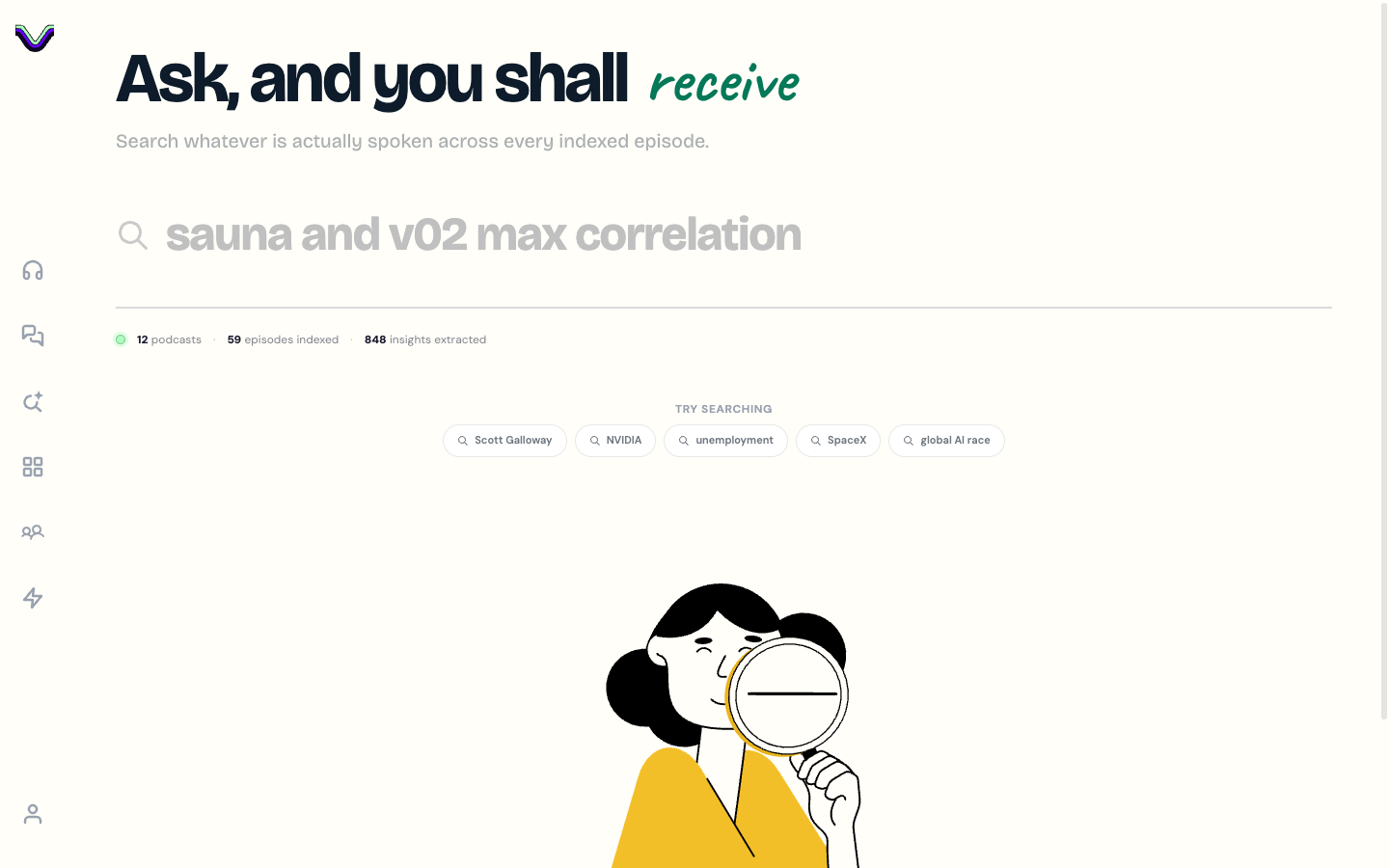 Vuci deep search — AI retrieval over spoken content